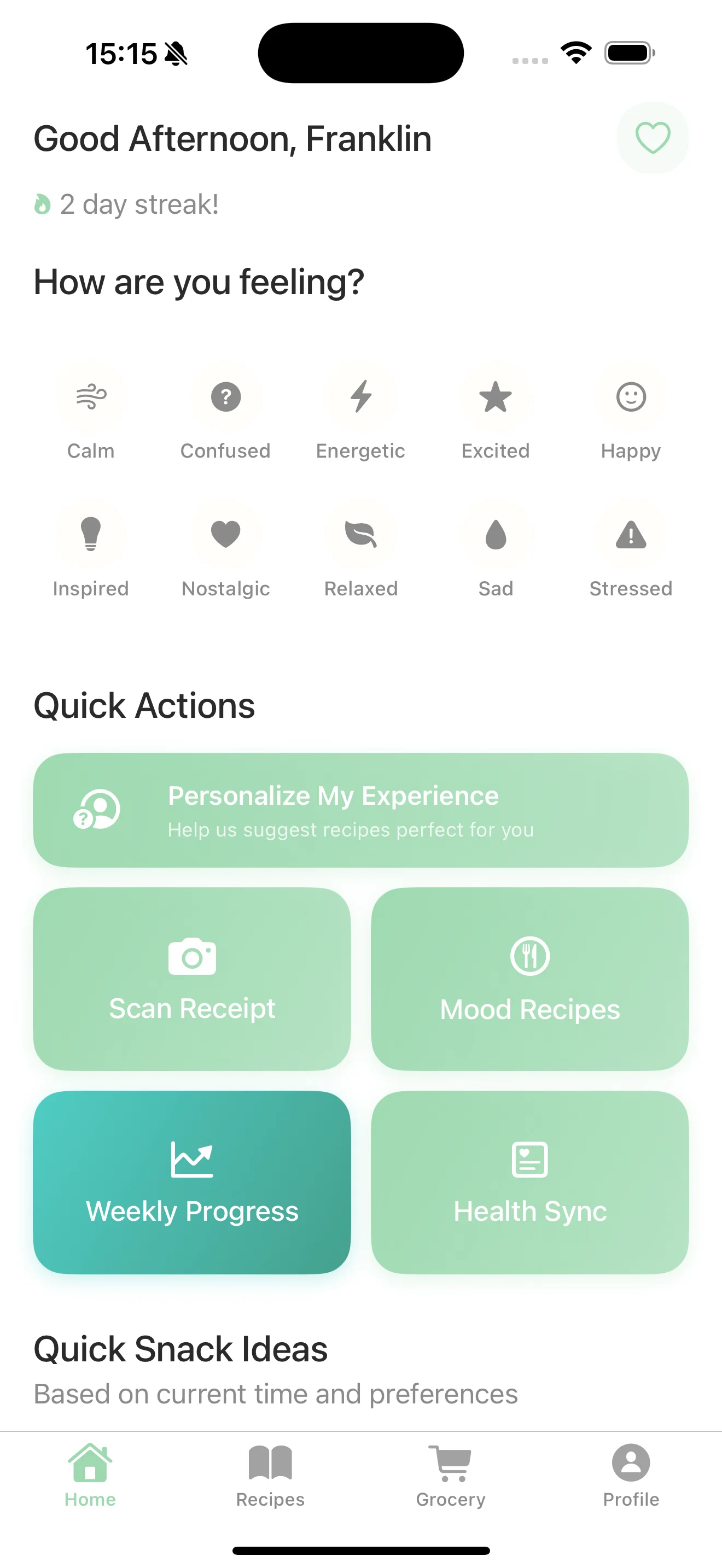 NourishMate app home dashboard showing personalized nutrition insights and daily goals